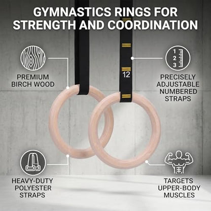 POCREATION Gymnastics Rings Double Circle Wood Rings with Polyester Straps for Comprehensive Home Gym Workouts