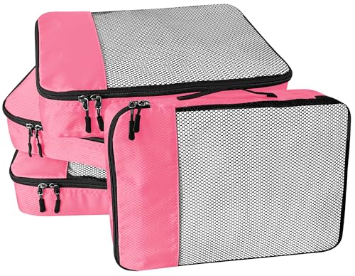 WTREE 4-Piece Packing Cubes Travel Accessories Set for Suitcases - Luggage Organizer Bags with Double Zipper - Mesh Top - Small - Pink - color: Pink, size: Small