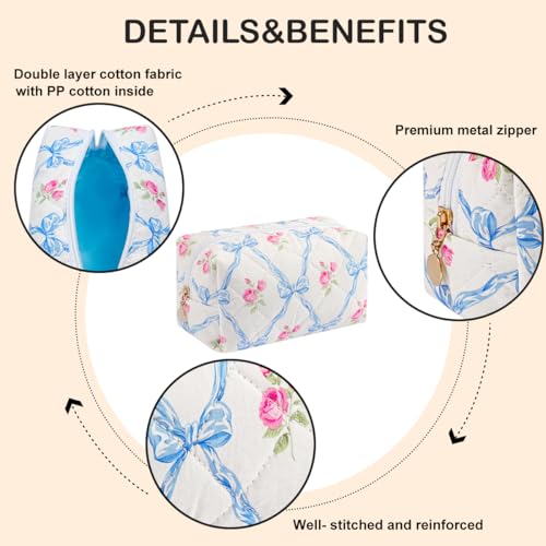 Cute Floral Makeup Bag Small Cotton Quilted Cosmetic Bag, Aesthetic Essential Bag Emergency Bag Gift for Women Girls Travel Accessories (Blue Bowknot Rose) - color: A7 Blue Bowknot Rose