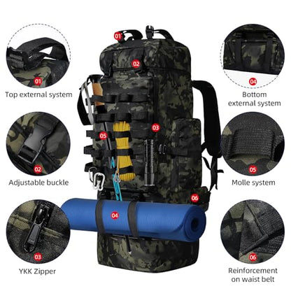 70L/100L Camping Hiking Backpack with Rain Cover, Expandable Large Military Tactical Backpack, Waterproof Molle Racksack Travel Backpacking Daypack for Climbing Trekking (Black CP) - color: Black Cp