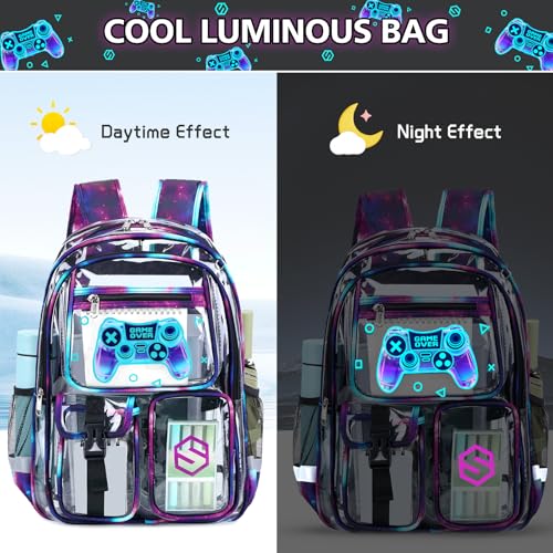 DIGOBAY 3PCS Cool Luminous Clear Backpack for Boys Kids, Gamer Clear Bookbag for School, See Through PVC Transparent Backpacks with Lunch Bag Pencil Case, Backpack Heavy Duty for School Stadium - color: Black-purple Galaxy