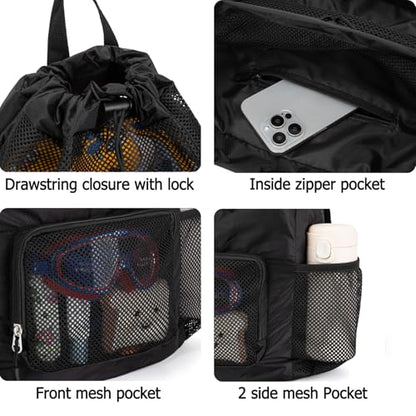 Swim Bag for Kids Mesh Beach Backpack for Boys Lightweight Drawstring Beach Bag Swimming Pool Sports Gym String Bag (Black) - color: All-Black