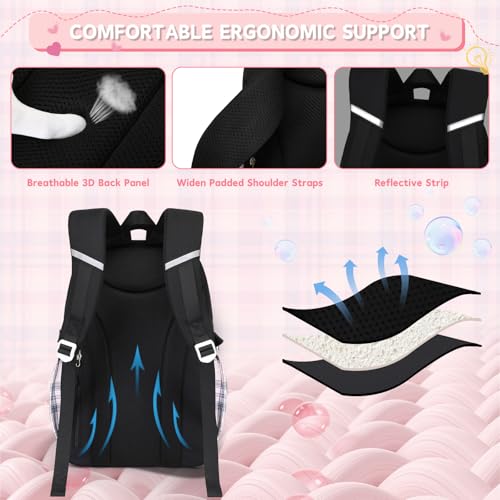 MUSEVOS Girls Backpack with Lunch Bag, Elementary Middle School Backpack, Large Capacity Kids Bookbag 3 Pcs Set - color: Blackpink-3pcs-set