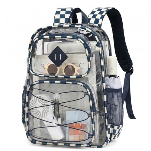 Clear Backpacks for Girls Women, Heavy Duty PVC Transparent Back Pack See Through Boys Kids Clear Bookbags for School Checkered Navy Blue - color: Checkered Navy Blue