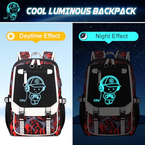 Bevalsa Backpack for Boys, Cool Luminous Boys Backpack with Sling Bag, Lunch Box & Pen Case, School Bags for Kids Children Teens Elementary Middle Schools, Bookbag Glow In The Dark (Red) - color: Red