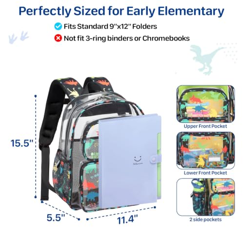 Bagseri Clear Backpack for Boys, 15 Inch Heavy Duty Kids Transparent Bookbag for School Kindergarten to 2nd Grade, Fits 12.5 Inch Folders, High Visibility Reflective Strips, Black Dinosaur - color: 1pcs, B-black Dinosaur, style: Backpack