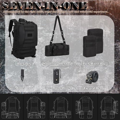 60L Tactical Backpack Military 3-Day Assault Pack, Waterproof Molle System Rucksack with Detachable Bag, Survival Bug Out Backpack for Men & Women(Black) - color: Black