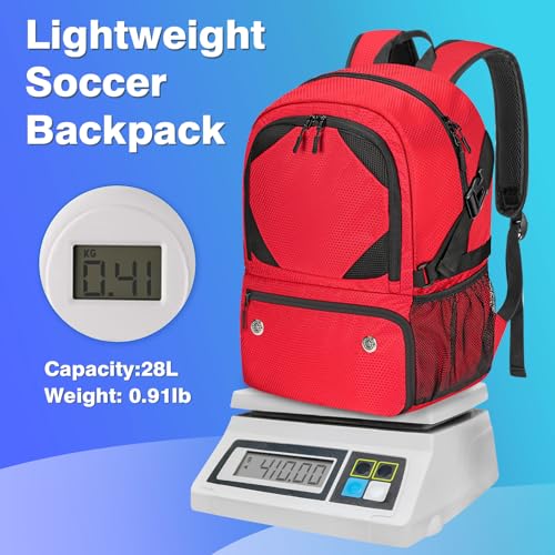 Soccer Backpack with Seperate Compartment, Water Resistant Sport Bags fit for Basketball, Volleyball, Football - color: Red