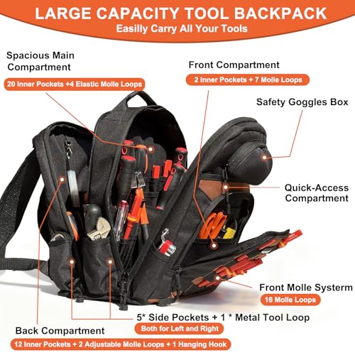 Tool Backpack for Electricians, HVAC, Technicians & Mechanics. Professional Tool Back Pack Bag with 4 Compartments, 39 Pockets, 31 MOLLE Loops, and Safety Goggles Box