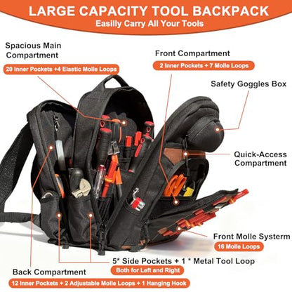 Tool Backpack for Electricians, HVAC, Technicians & Mechanics. Professional Tool Back Pack Bag with 4 Compartments, 39 Pockets, 31 MOLLE Loops, and Safety Goggles Box