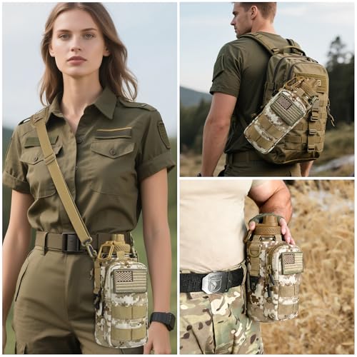 Water Bottle Holder with Strap - Tactical Insulated Water Bottle Sleeve with MOLLE System Water Bottle Cover Cross-Body Pouch for Walking Hiking Camping Gym 32oz&40oz - color: Desert Camo