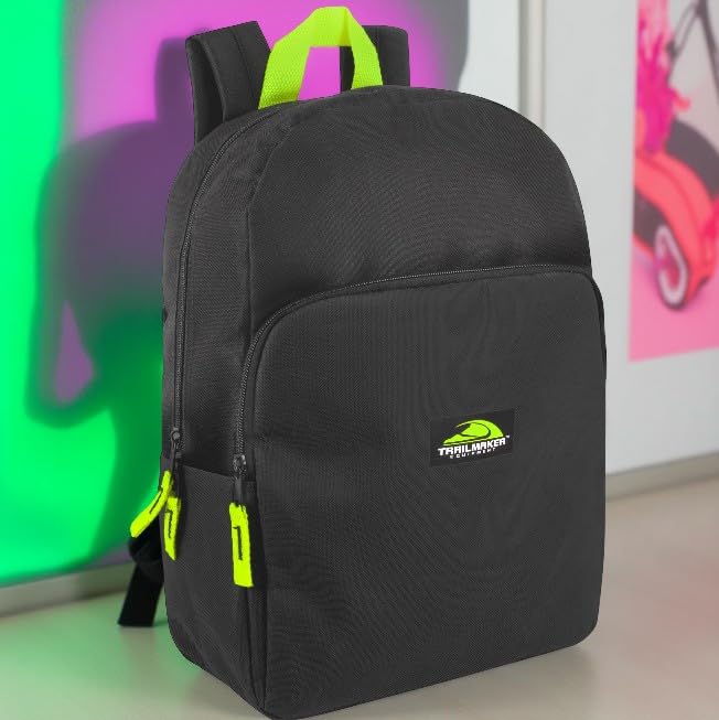 Trail maker 15 Inch Backpack for Kids, Preschool, Elementary & Middle School Students – Spacious Bookbag with Large Front Pocket, Adjustable Straps, Fits up to 13 Inch Laptop (Black Neon) - color: Black