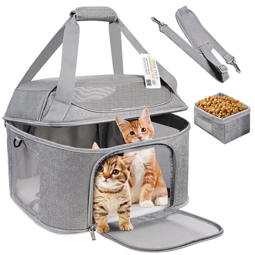 Large Cat Carrier for 2 Cats, Soft Side Pet Carrier for Cats Small Dog, Collapsible Travel Dog Carrier Bag TSA Airline Approved Dog Carrier Backpack,Grey