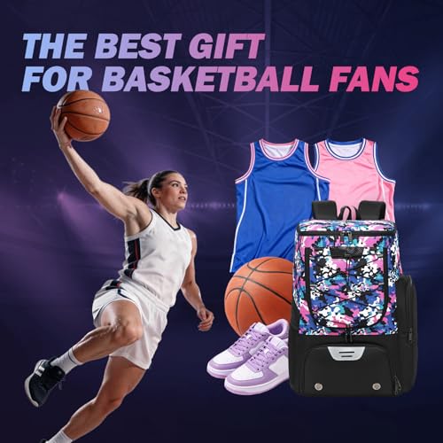 Basketball Backpack, Basketball Bag with Separate Ball Holder & Shoes Compartment Water Resistant Sports Bag Basketball Equipment Bags Fit Volleyball, Soccer, Swim, Gym, Travel, Camouflage (Small) - color: Pink-small