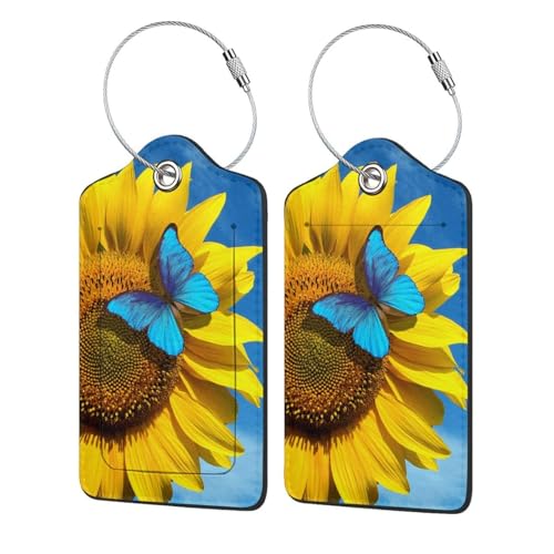 2 Pcs Sunflower Pretty Luggage Tags with Blue Butterfly Pattern Yellow Flower Leather Suitcase Tag Privacy Name ID Card Travel Bag Labels with Stainless Steel Loop Birthday Gifts for Women Girls - color: Butterfly Sunflower