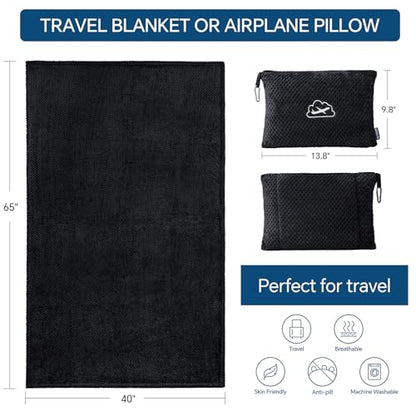 BEDELITE Travel Blanket with Bag, Ultra-Soft Jacquard Fleece Blanket with Luggage Sleeve & Backpack Clip, Airplane Blanket Travel Essentials, Black - color: Black