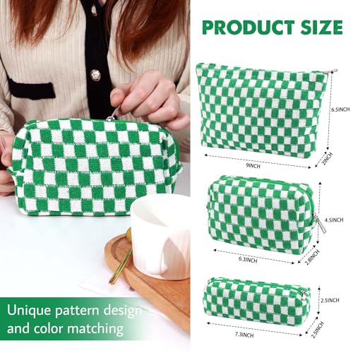 3 Pcs Makeup Bag Cosmetic Bag Set for Girls Women Checkered Travel Organizer Bathroom Toiletry Pouch Large Capacity Storage Bag(Green-White) - color: Green-White