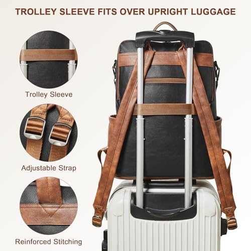 Shrrie Laptop Backpack for Women 15.6 inch,Travel Leather Backpack Purse Nurse Teacher Carry on Backpack Computer Bag,Professional Water-Resistant College Business Work Casual Daypack,Two-tone Maroon - color: Black With Brown and White