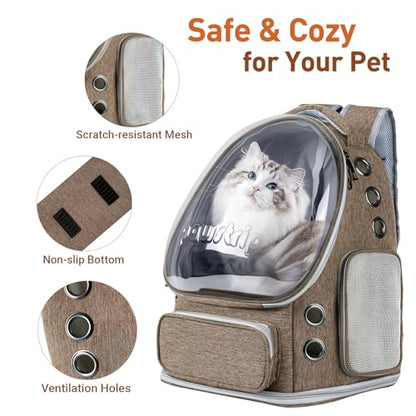 Cat Backpack Carrier with Large Space Bubble Window, Airline Approved Breathable Pet Carrier for Small Dogs Cats up to 15lbs, Foldable for Travel Hiking & Outdoor Use - color: Brown