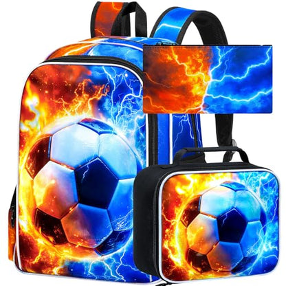 AGSDON 3PCS Soccer Backpack for Boys, 17" Kids Bookbag with Lunch Box for Boy, Flame Thunder Backpacks Water Resistant and Lightweight for Teen - color: Soccer