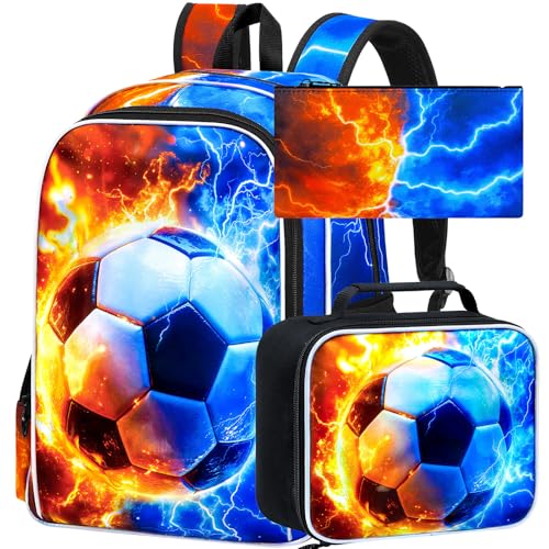 AGSDON 3PCS Soccer Backpack for Boys, 17" Kids Bookbag with Lunch Box for Boy, Flame Thunder Backpacks Water Resistant and Lightweight for Teen - color: Soccer