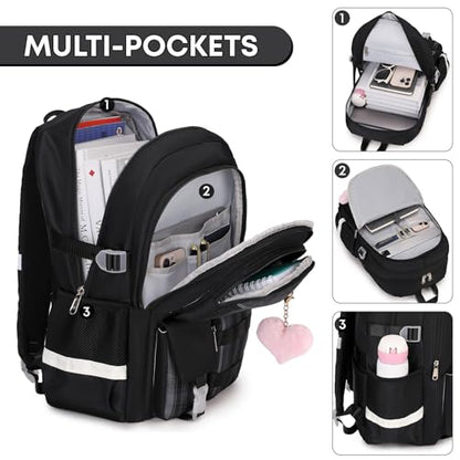 3PCS Student Backpack For School Women College Middle High Teen Girls Bookbag Waterproof Laptop Bag Plaid Black - color: Plaid Black