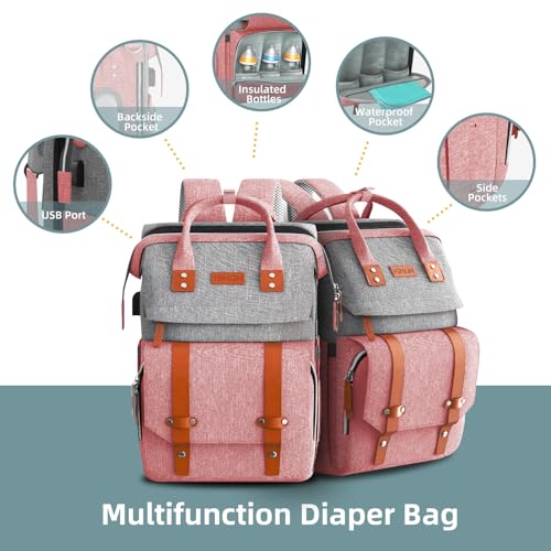 ISMGN Diaper Bag Backpack with Changing Station, Large Diaper Bag, Baby Bag with Changing Station, Pink Diaper Bag, Pinkgray - color: Upgrade Pink Grey