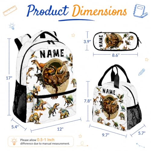 Boys Dinosaur Backpacks Custom Toddler Backpack with Lunch Box Set, 17 Inch Personalized Kids Bookbag for Preschool Kindergarten Elementary Dinosaur-Themed School Bag - color: White