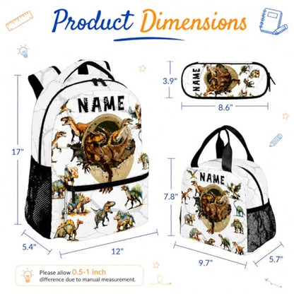 Boys Dinosaur Backpacks Custom Toddler Backpack with Lunch Box Set, 17 Inch Personalized Kids Bookbag for Preschool Kindergarten Elementary Dinosaur-Themed School Bag - color: White