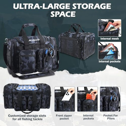 PLUSINNO Tackle Bag - Expandable Fishing Bag with fishing net for Saltwater & Freshwater - Water Resistant Fishing Gear Shoulder Bag For Men - color: Tackle Bog with Lure tool &Fishing Net