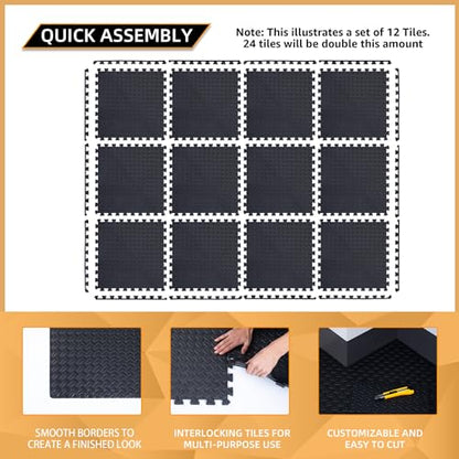 24 Pack, 96 SQFT - 24" x 24" - 1/2" Extra Thick Floor Exercise Mat for Home Gym or Floor Padding - High-Density EVA Interlocking Foam Floor Tiles for Gym Equipment, Play Area | Yoga, Cardio, Weights - size: Black
