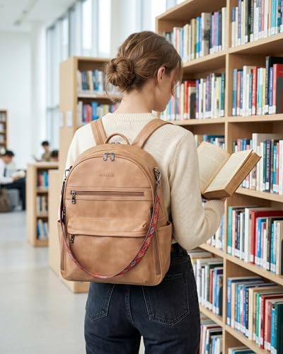 FADEON 15.6 inch Laptop Backpack Purse for Women Designer PU Leather Computer Backpacks Fashion for Work Travel Camel Brown - color: Camel Brown Retro Style