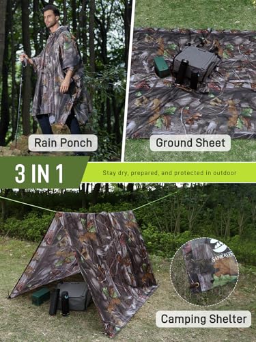 SaphiRose Extra Thick Hooded Rain Poncho Double Layer Waterproof Raincoat Jacket for Men Women Adults - color: Camouflage