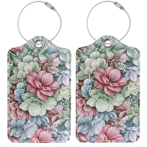 Luggage Tags for Suitcases, 2 Pack Cute PU Leather Luggage Tag TSA Approved with Stainless Steel Loop and Address Card Baggage Tag for Travel&Cruise Ships&Shipping Happy Flower, by Chelmon - color: Happy Flower