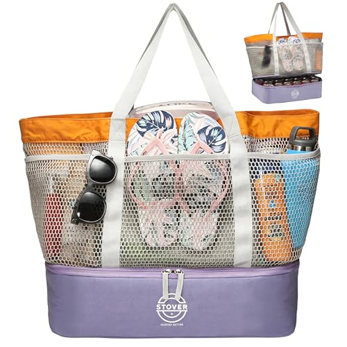 STOVER Extra Large Mesh Beach Bag, Vacation, Pool, Shopping & Travel Tote - Foldable w/Storage Pouch & Pockets for Women, Men - color: Cooler - Sunset Orange
