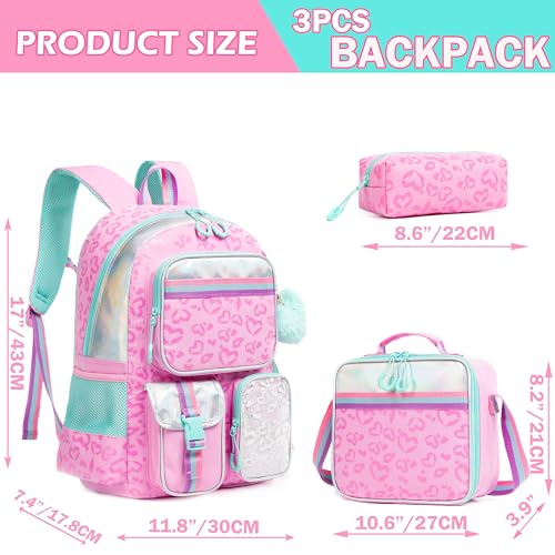 Meetbelify Pink Aesthetic Backpack with Lunch Box for Elementary to Teen Girls - color: 3pcs Pink Love