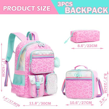Meetbelify Pink Aesthetic Backpack with Lunch Box for Elementary to Teen Girls - color: 3pcs Pink Love