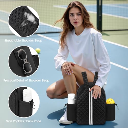 Sucipi Pickleball Bags for Women Lightweight Crossbody and Stylish Quilted Pickleball Paddle Sling Bag Backpack - color: Black, size: Large