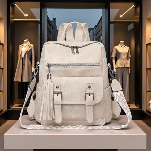 Fashion PU Leather Backpack Purse for Women Travel Backpack Bag with Tassel Ladies Shoulder Handbags Casual Daypack - color: Beige