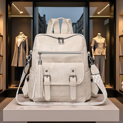 Fashion PU Leather Backpack Purse for Women Travel Backpack Bag with Tassel Ladies Shoulder Handbags Casual Daypack - color: Beige