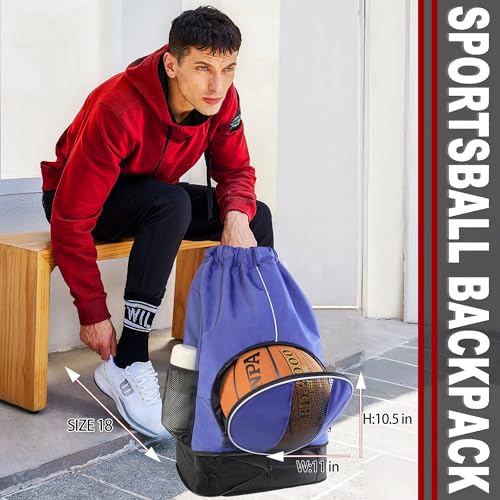 Basketball Backpack, 45 L Drawstring Sports Bag with Large Shoe Compartment and Wet Pockets for Women Men Gym Bag - color: Blue-45L