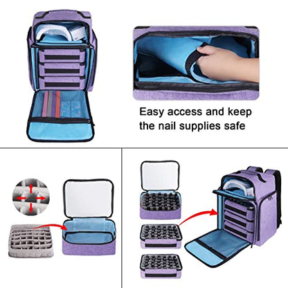 Nail Polish Organizer Backpack Holds 108 Bottles(15ml - 0.5 fl.oz) and a Nail Lamp, with 3 Removable Storage bag for Nail Tech(Purple)