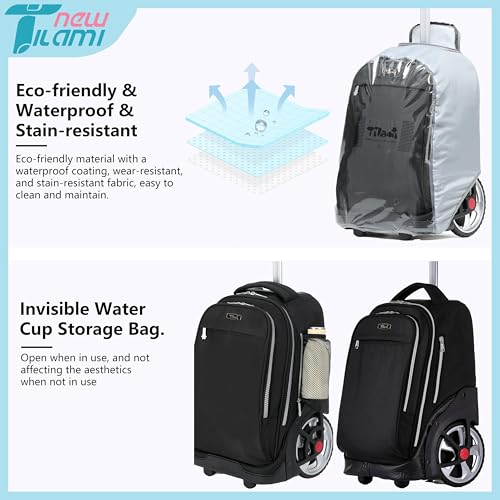 NEW TILAMI 19 Inch Rolling Backpack with Lunch Bag for Girls Boys Wheeled Laptop Backpack Durable Carry-on Bag School Travel, Black - color: Black
