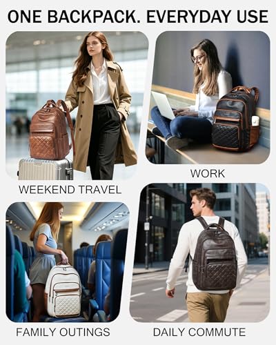 Bluome Work Backpack for Women Men, Laptop Vegan Leather Backpack Purse with 15.6–17 Inch Laptop, Multi-Pocket Bookbag for Office Travel Gym Weekend Overnight Bag, Coffee - color: Coffee
