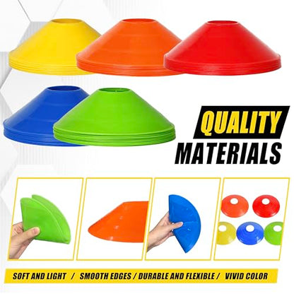 25/50 Pack Disc Cones for Sports, Agility Training Cone for Soccer, Football, Basketball, Coaching, Practice Equipment with Carry Bag and Holder, 5 Color