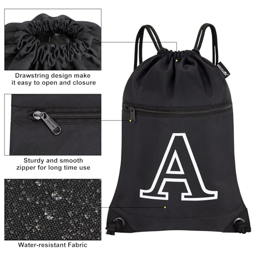 HOLYLUCK Drawstring Bags Initial Backpack Sackpack Cinch Bags for Sports, Gym, Travel, Beach, Letter (Black-A) - color: Black-a