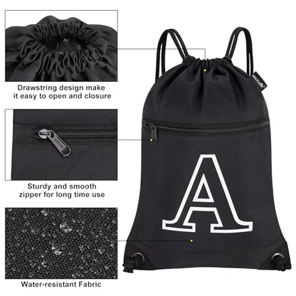 HOLYLUCK Drawstring Bags Initial Backpack Sackpack Cinch Bags for Sports, Gym, Travel, Beach, Letter (Black-A) - color: Black-a