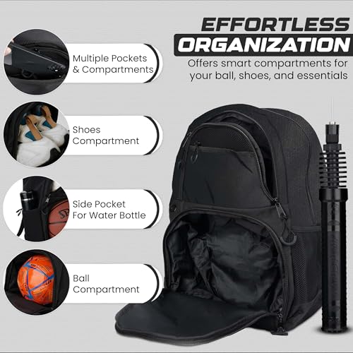 Soccer & Basketball Sports Bag with Ball Pump - Basketball Backpack with Separate Ball & Shoes Holder Compartment, Soccer Basketball Football & Volleyball Bag with Large Capacity - color: Black