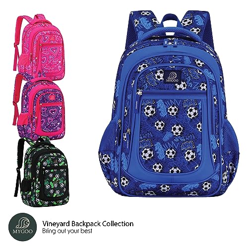 MYGOO Boys School Backpack Vineyard Soccer Blue Bookbag for Elementary Middle School Ages 5-12, 17 inch Large Capacity 24L Kids Student Travel Bags - color: Vineyard Soccer Blue