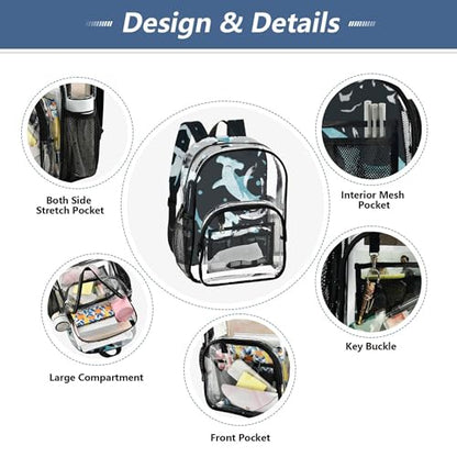 Watercolor Hammerhead Shark Clear Backpack, PVC Transparent School Backpack Lightweight Student Book Bags Capacity Clear Bag - color: Navy Blue
